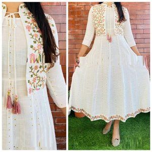 White long rayon printed long dress with jacket.